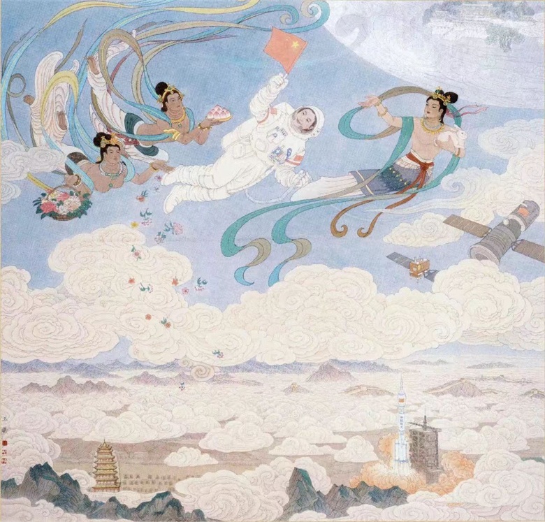 《相约太空——中华飞天圆梦赞》　166cm×160cm 中国画　2015年 2016年入选建党95周年全国美展 2017年入选中国工笔画学会成立30周年名家学术邀请展.jpg